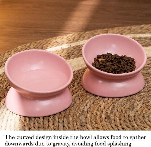 5.3 Inch Raised Cat Food Bowl Two Bowls Neck and Whisker Friendly Elevated Tilted Prevent Vomiting Ceramic Color Black in Saudi Arabia