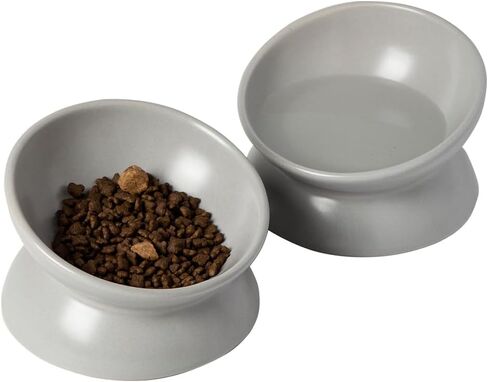 5.3 Inch Raised Cat Food Bowl Two Bowls Neck and Whisker Friendly Elevated Tilted Prevent Vomiting Ceramic Color Black in Saudi Arabia