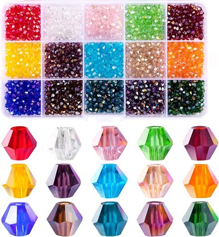 1800pcs 4mm Bicone Crystal Beads for Jewelry Making Wholesale Faceted Bicone Glass Beads for DIY Bracelets Necklaces Earrings Suncatcher Craft Beading with Container Box (15 AB Colors) in Saudi Arabia