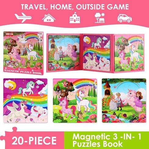 Magnetic Puzzles for Kids Ages 4-6, 20-Piece Toddler Travel Toys Unicorn Princess Puzzles Ages 3-5, Educational Learning Magnets, Ideal Road Trip Activities Toys for 3 4 5 6 Boys and Girls in Saudi Arabia