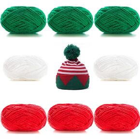 Rainmae 8 Pack Christmas Chenille Yarn, Christmas Chunky Knitting Crochet Velvet Yarn Knitting Yarn for Xmas DIY Craft Handmade Scarf Hat Christmas Stocking Decoration (White, Green, Red)