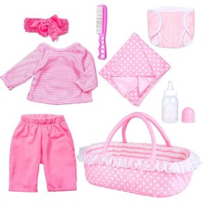 8Pcs Reborn Baby Doll Clothes Pink Outfits with Bassinet Fit 17-22 inch Reborn Doll Fake Baby Accessories Set