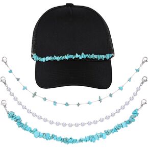 IDesign 3 Pcs Trucket Hat Chains Bill Decoration Rhinestone/Crystal/Pearl Chains for Mesh Baseball Cap Accessories Chain for Party Supplies (Turquoise/Pearl Chain)