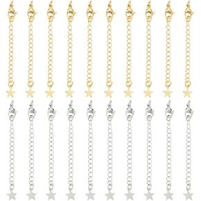 Beebeecraft 20Pcs Necklace Extenders 18K Gold & Platinum Plated 2 Colors 70mm Extender Chain End Chains with Lobster Claw Clasps and Star Chain Tabs for Jewelry Making