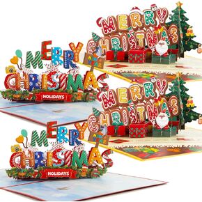 clothmile 4 Pack Pop Up Christmas Card, Handmade 3D Merry Christmas Greeting Cards Popup 5.9"x 7.8" Xmas Cards with Envelope and Message Tag for Christmas, Holiday (Marry Christmas)