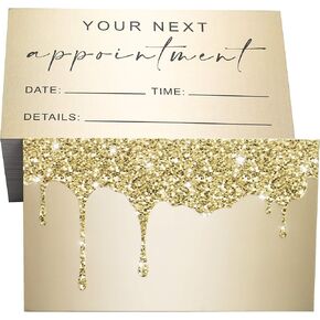 RXBC2011 Appointment Reminder Cards Bling Glitter Drips for Beauty Makeup Hair Nail Salon Barber Shop Restaurants Therapist Pack of 100 Gold