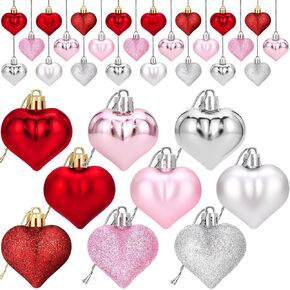 24 Pcs Valentine's Day Heart Ornaments, Heart Shaped Bulk Hanging Ornaments Decor, 3 Assort Styles Valentine's Day Wedding Anniversary Birthday Party Decorations