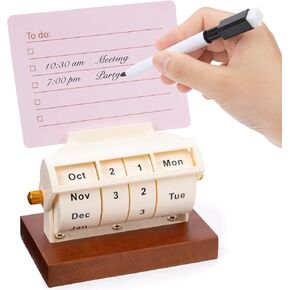 Wooden Perpetual Calendar, Metal & ABS Desk Calendar with Reminder Card and Erase Marker, Rotating Month Date Display Modules for Office Decor, Desk Accessories, 4.1" x 2.6" x 2.95", Small