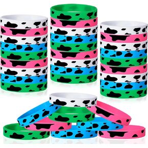 Zhanmai 36 Cow Print Rubber Bracelets Silicone Cow Print Bracelets Cute Cow Animal Print Wristband for Baby over 3 years old Shower Cute Farm Party, White Pink Blue Green