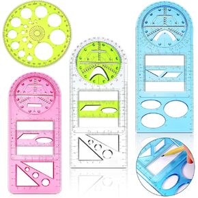 Multifunctional Geometric Ruler 4 Pieces Multifunction Ruler Drawing Ruler Plastic Template Ruler Measuring Ruler Geometric Drafting Tool for Student Architecture School Office Supplies (Cute Style)