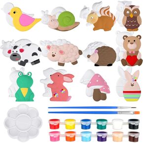 Sinmoe 12 Sets Arts and Crafts Set Painting Kit Unpainted DIY Ceramic Figurines Paint Your Own Figurines with 12 Magnet 2 Brushes and 1 Palette Ceramic Painting Kit for Adults (Animal)