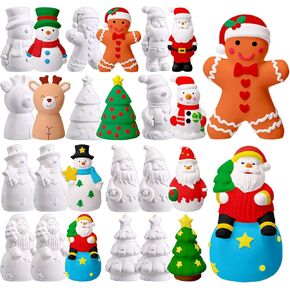 Zubebe 26 Pcs Unpainted Ceramic Christmas 3D Ornaments Ready to Paint Christmas Theme Figurines Paint Your Own Crafts DIY Xmas Plaster Character Ornaments Christmas Party Decor