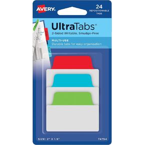 Avery Multiuse Ultra Tabs, 2" x 1.5", 2-Side Writable, Red/Blue/Green, 24 Repositionable Tabs (74754)