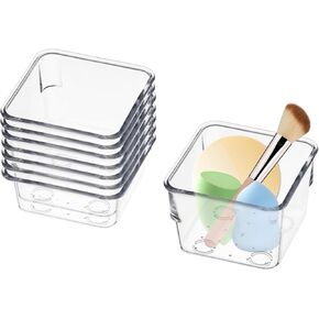 8 PCS Stackable Clear Drawer Organizers 3" x 3" x 2" Square Trays Small Makeup Vanity Storage Bins Clear Desk Drawer Organization Container Dividers for Office Bathroom Kitchen Utensil