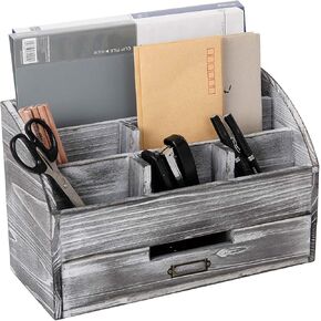VERGOODR Rustic Wood Desk Organizer and Storage with Drawer and Pen Holder Bill Mail Organizer and Mail Holder for Countertop Kitchen Desk Decorative & Workspace Organizers(Rock Grey)