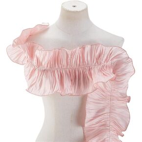 PH PandaHall 5 Yards Double Ruffle Ribbon Trim Pink Fabric Trim Pleated Lace Fabric Fringe Elastic Ruffle Trim Retro Tulle Fabric Trim 6-1/4 inch Wide for Applique Sewing Craft Dress Decor