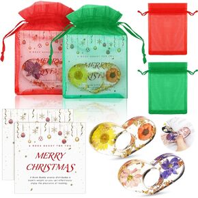 2 Sets Christmas Book Page Holder 2 Pcs Dried Flower Resin Thumb Ring Book Page Holder 2 Pcs Christmas Greeting Cards 2 Organza Bags with Drawstring Reading Accessories for Book Lovers Gifts (Classic)