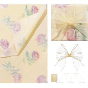 24 Sheets Beige Rose Floral Tissue Paper with 1 Roll Ribbon, Flower Pattern Gift Wrap Decorative Tissue Paper for Weddings, Birthdays, DIY Crafts, 19.7"x27.6"