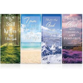 4Pcs Church Banners with Scripture for Sanctuary Wall Worship Classical Christian Banner Inspirational Religious Praise Hanging Sign Scenic Pattern Welcome Backdrop for Church Sunday School Decoration