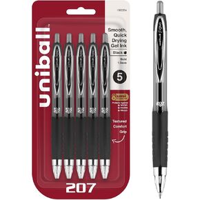 Uniball 207 Retractable Gel Pens, Bold Point (1.0mm), Black, 5 Pack