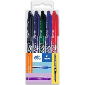 Pilot Frixion Heat/Friction Erasable Rollerball Pen FR7 - Medium Line 0.7mm Tip Nib - Essential Wallet Pack of 5 - Black, Blue, Red, Green & Violet