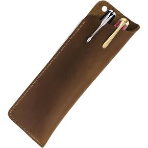 Genuine Leather Pen Case Holder, Handmade Double Pen Case Fountain, Pencils Protective Sleeve Large Pens Pouch Cover (Bourbon Brown)