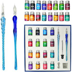AIVN Glass Dip Pen Set - 21 Pieces of Calligraphy Pens Set. Includes 2 Glass Pens, 16 Bottle Inks, Pen Holder, Cleaning Cup and Introduction Booklet