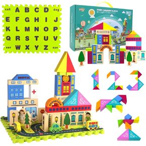 City Street View Foam Building Blocks Set for 2-4 Years Old, Town Construction Soft Stacking Blocks with Alphabet Letters Puzzle Playmat, Educational Learning Gifts for Kids 18+ Months