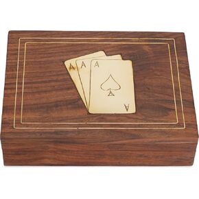 Ajuny Handcrafted Wooden Double Deck Playing Card Box Decorative Brass Inlay Holder Storage Case Organizer With 2 Set of 'Ace' Playing Cards Anniversary Housewarming Gifts For Him Her