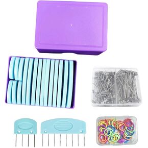 Wonafa Knit Blocking Combs Pins Kit,Blocking Knit Combs Pins Set for Knitting 20Pcs Blue Color Knit Blockers Pins Kit, 150 Pcs T-pins,30 Pcs Multicolor Knitted Markers (Blue)