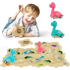 Dino Floor Puzzle Car Track Set with 2 Dino Cars, for Toddlers and Kids 3-6 Years Old. Gift for 3-6 Years Old Boys and Girls. Kindergarten and Montessori Learning Activity