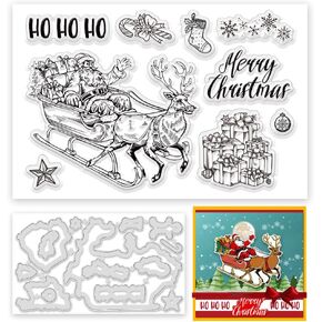 Merry Christmas Clear Stamps for Card Making Christmas Elk Pulled The Sleigh Clear Stamps and Cutting Dies Set Snowflake Gifts Deer Elk Clear Rubber Scrapbooking Stamps and Dies Set
