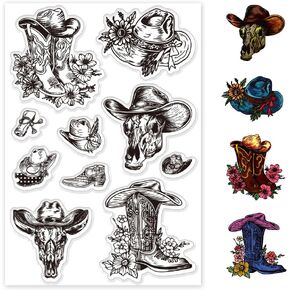 PH PandaHall Cowboy Theme Clear Stamps Set 10pcs Retro Style Rubber Stamp for Scrapbooking Cowboy Boots Hat Transparent Stamps for Card Making Silicone Clear Stamps for Album Photo Decoration
