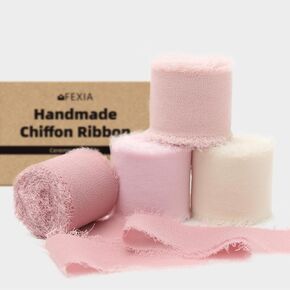 FEXIA Pink Chiffon Ribbon 1.5" X 28Yd Pink & Cream Fringe Chiffon Wedding Silk Handmade Ribbon Set 7Yd x 4 Rolls for Bridal Bouquets Wedding Invitations DIY Decor Gift Wrapping & Bow Making