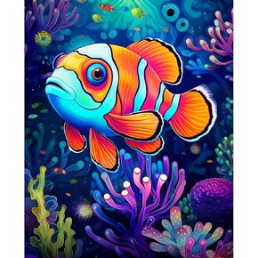 Tucocoo DIY Sea Animal Clown Fish Posters Paint by Numbers for Adults Beginner Kids,Paint by Number Kits On Canvas Acrylic Paint Fish Animal Painting by Number Kits Art Wall Home Decor16x20 inch