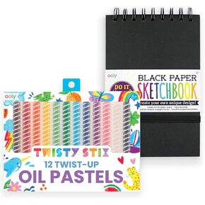 Ooly Twisty Stix، 12 عبوة من أقلام تلوين الباستيل الزيتية للأطفال ودفتر رسم أسود، ألوان الباستيل الزيتية الملتوية للأطفال تسبب فوضى أقل من أقلام التلوين غير القابلة للالتواء أو أعواد الطلاء، رائعة للفنانين الصغار in Kuwait