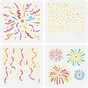 FINGERINSPIRE 4PCS Confetti Mini Sign Stencils 5.9x5.9inch New Year Greeting Card Background Stencil Happy New Year Stencil Fireworks Pattern Craft Stencil for Painting on Wall Wood DIY Home Decor