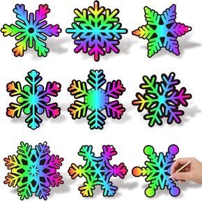 JarThenaAMCS 72Pcs Winter Snowflake Scratch Paper Rainbow DIY Scratch Art Magic Scratch Off Cutout with 72Pcs Ribbons 36Pcs Wooden Styluses for Christmas Craft Party Game