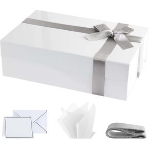 Purple Q Crafts Premium White Gift Box with Magnetic Closure PACK OF 2-14x9x4 inches - Includes Ribbon and Gift Card - Elegant Presentation Box for All Occasions