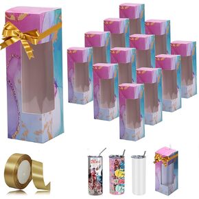 12PCS Tumbler Gift Boxes with Ribbon for Blank Sublimation Tumblers, Transparent Gift Packaging Box for 15oz 20oz Skinny Straight Tumbler Cup, Birthday Presents,Mothers Day Gifts,Nurses Week Gifts Christmas Gift New Year Gift