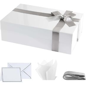 Purple Q Crafts Premium White Glossy Gift Box with Magnetic Closure 1 PACK - 10 x 7 x 3 Inches - Includes Ribbon and Gift Card - Elegant Presentation Box for All Occasions