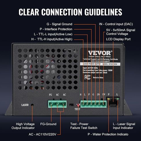 VEVOR CO2 Laser Power Supply, Power Supply for Laser Tube, Constant Current Protection, Open Circuit Protection, Fast Heat Dissipation, Compatible for Multi-Brand Laser Engravers & Cutters (100W) in Saudi Arabia