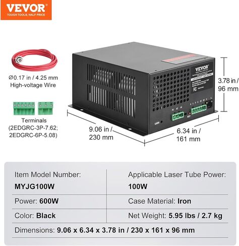 VEVOR CO2 Laser Power Supply, Power Supply for Laser Tube, Constant Current Protection, Open Circuit Protection, Fast Heat Dissipation, Compatible for Multi-Brand Laser Engravers & Cutters (100W) in Saudi Arabia