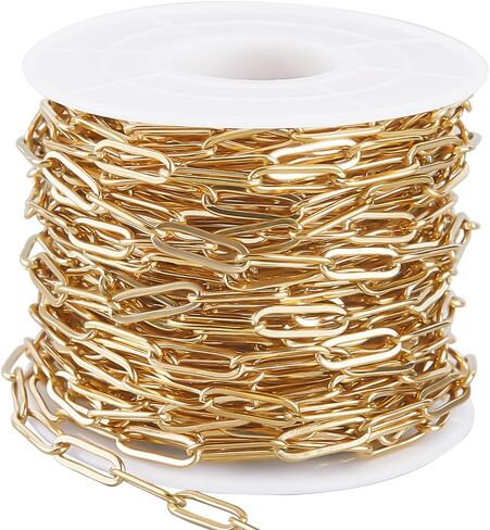 Beebeecraft 32.8 Feet/10M Gold Paperclip Chain Bulk 304 Stainless Steel Metal Rectangle Square Pull Extension Connectors Link Chains with Spool for Jewelry Making Necklace Bracelet DIY Crafts Supplies in Saudi Arabia