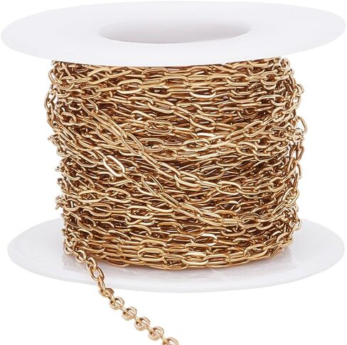 Beebeecraft 32.8 Feet/10M Gold Paperclip Chain Bulk 304 Stainless Steel Metal Rectangle Square Pull Extension Connectors Link Chains with Spool for Jewelry Making Necklace Bracelet DIY Crafts Supplies in Saudi Arabia