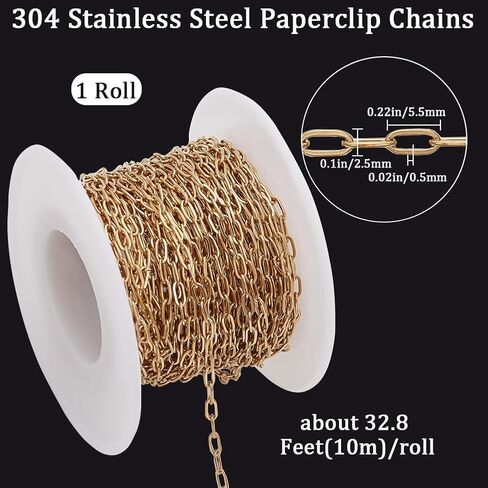 Beebeecraft 32.8 Feet/10M Gold Paperclip Chain Bulk 304 Stainless Steel Metal Rectangle Square Pull Extension Connectors Link Chains with Spool for Jewelry Making Necklace Bracelet DIY Crafts Supplies in Saudi Arabia