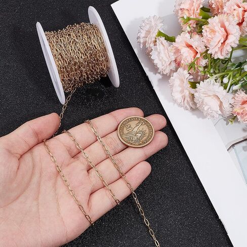 Beebeecraft 32.8 Feet/10M Gold Paperclip Chain Bulk 304 Stainless Steel Metal Rectangle Square Pull Extension Connectors Link Chains with Spool for Jewelry Making Necklace Bracelet DIY Crafts Supplies in Saudi Arabia