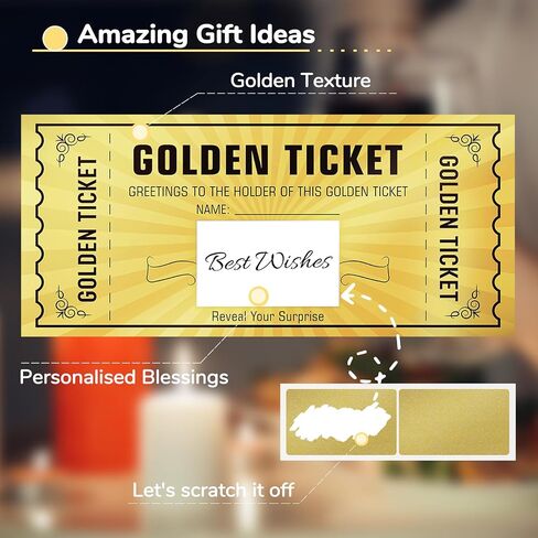 5 Pack Golden Tickets, Scratch Card with Envelope, Surprise Gift Reveal, Scratch Off Ticket, Card as Birthday Wedding Concert Ticket Cinema Voucher Raffle Gift, Gift Card for Kids Women Men in Kuwait