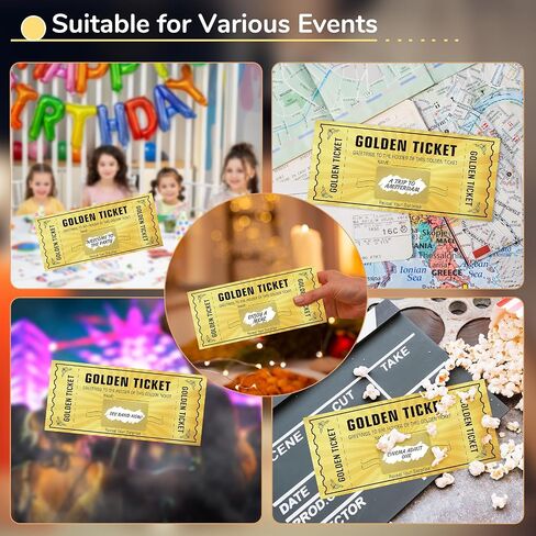5 Pack Golden Tickets, Scratch Card with Envelope, Surprise Gift Reveal, Scratch Off Ticket, Card as Birthday Wedding Concert Ticket Cinema Voucher Raffle Gift, Gift Card for Kids Women Men in Kuwait