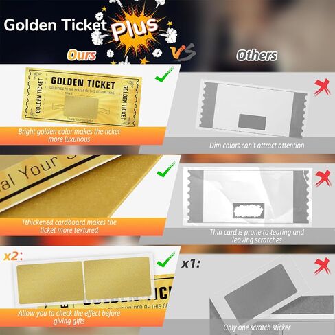 5 Pack Golden Tickets, Scratch Card with Envelope, Surprise Gift Reveal, Scratch Off Ticket, Card as Birthday Wedding Concert Ticket Cinema Voucher Raffle Gift, Gift Card for Kids Women Men in Kuwait